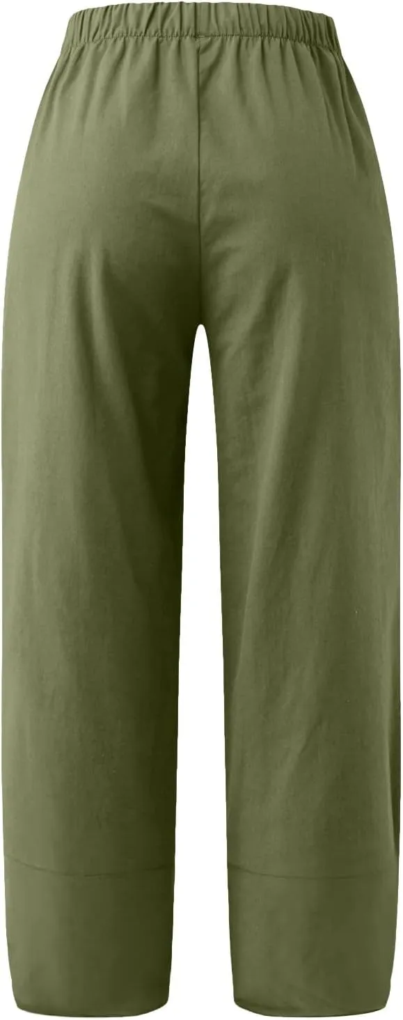 Women Linen Blend Summer Letter Patched Pants High Waist Long Lounge Plus Size Palazzo Lounge Pants Trendy