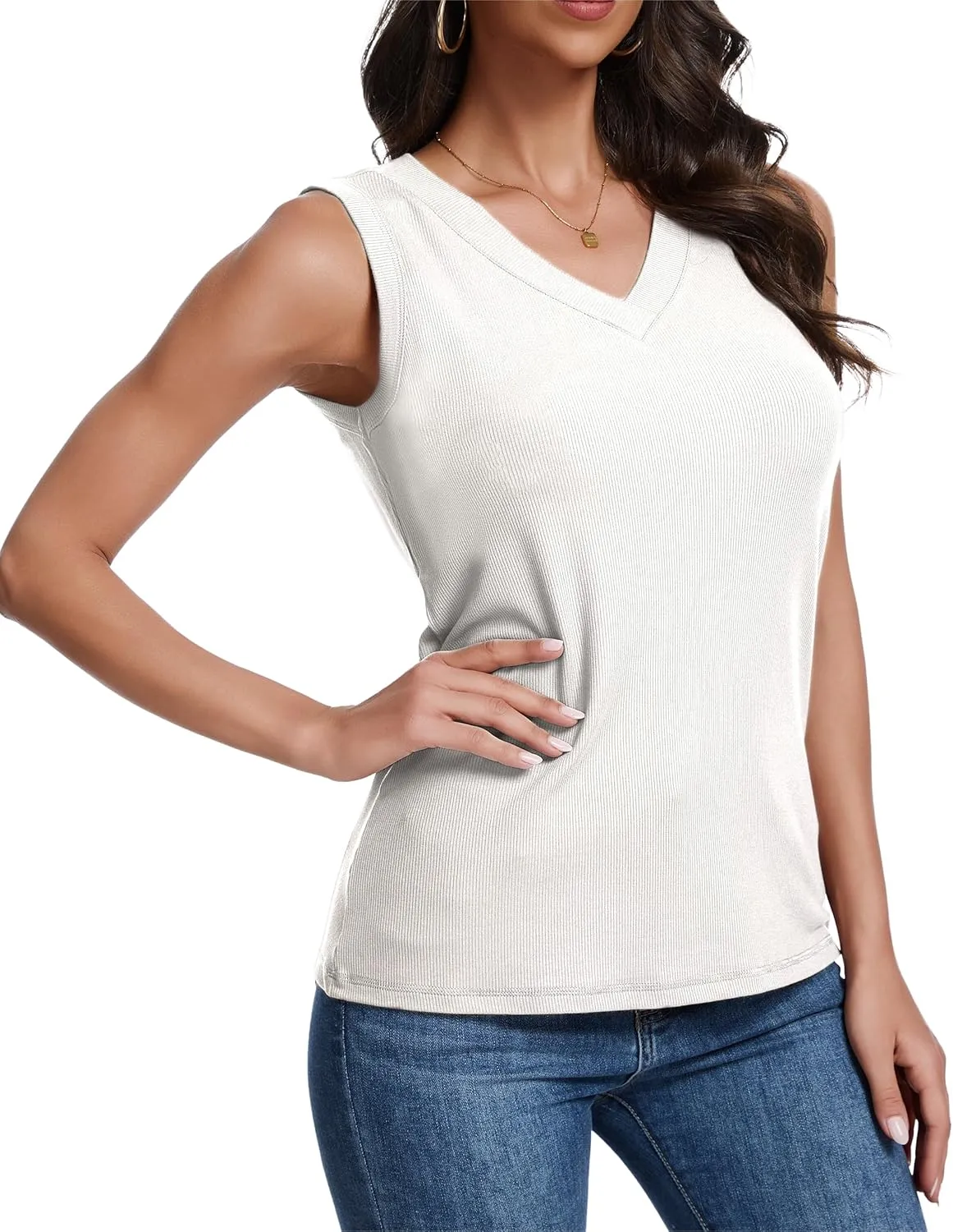 Women Loose Fit Sleeveless V Neck Rib Knit Tank Top Basic Tee Tops 2025 Casual T-Shirt Going Out Workout Outfits