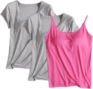 Women Modal Tank Tops 3 Pack with Built in Bras Yoga Athletic Camisole Top Comfy Lounge Camis Soft Cotton Undershirts