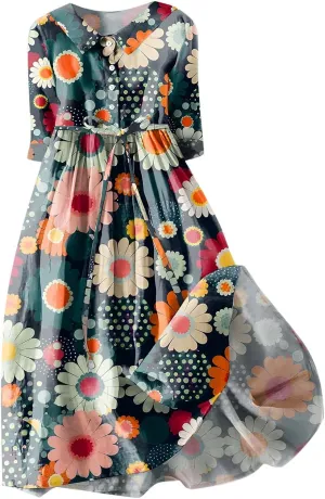 Women Retro Boho Floral Print Cotton Linen Dress Lapel Button 3/4 Sleeve Casual Midi Shirt Dresses Summer Pleated Dress