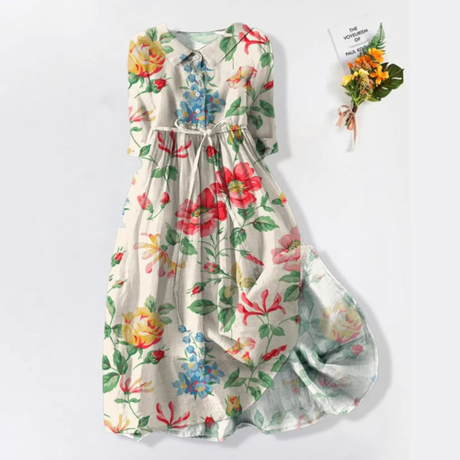 Women Retro Boho Floral Print Cotton Linen Dress Lapel Button 3/4 Sleeve Casual Midi Shirt Dresses Summer Pleated Dress
