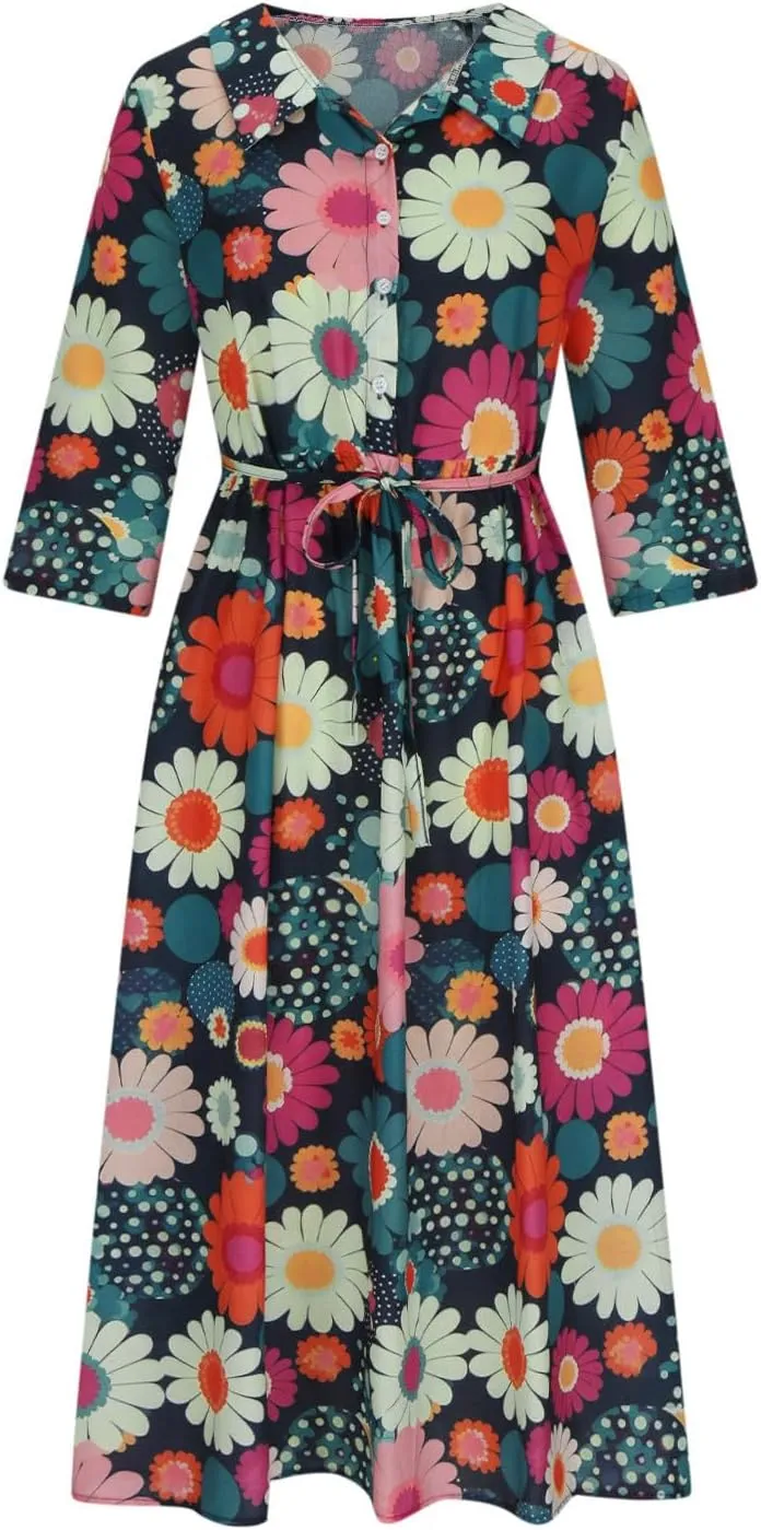 Women Retro Boho Floral Print Cotton Linen Dress Lapel Button 3/4 Sleeve Casual Midi Shirt Dresses Summer Pleated Dress