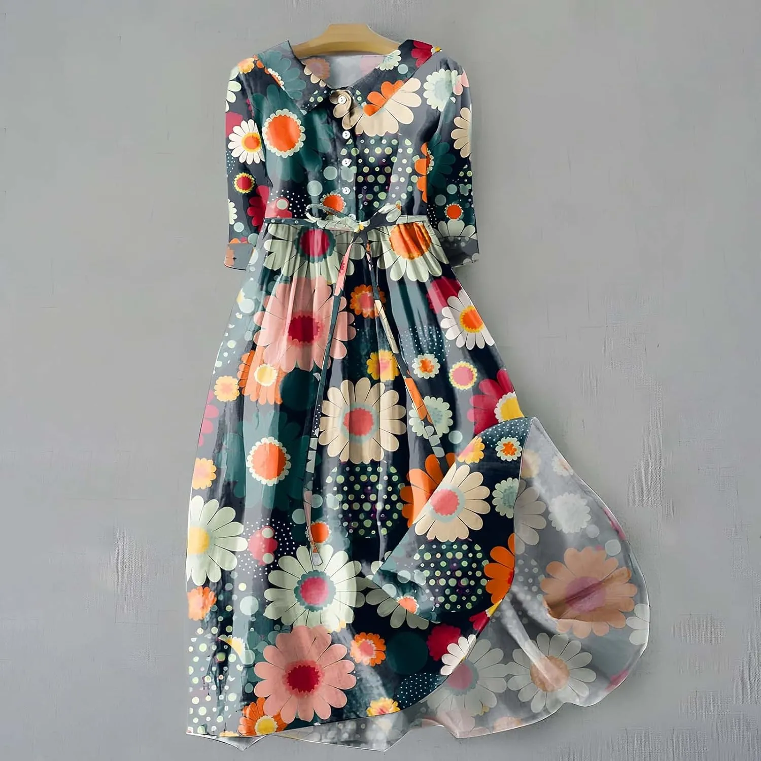 Women Retro Boho Floral Print Cotton Linen Dress Lapel Button 3/4 Sleeve Casual Midi Shirt Dresses Summer Pleated Dress