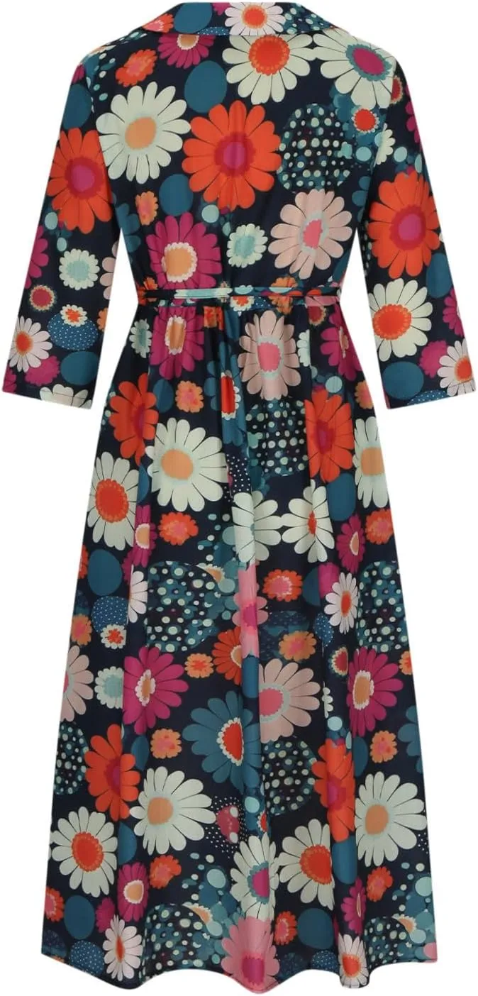 Women Retro Boho Floral Print Cotton Linen Dress Lapel Button 3/4 Sleeve Casual Midi Shirt Dresses Summer Pleated Dress