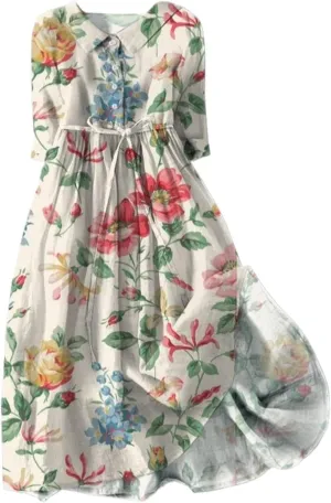 Women Retro Boho Floral Print Cotton Linen Dress Lapel Button 3/4 Sleeve Casual Midi Shirt Dresses Summer Pleated Dress