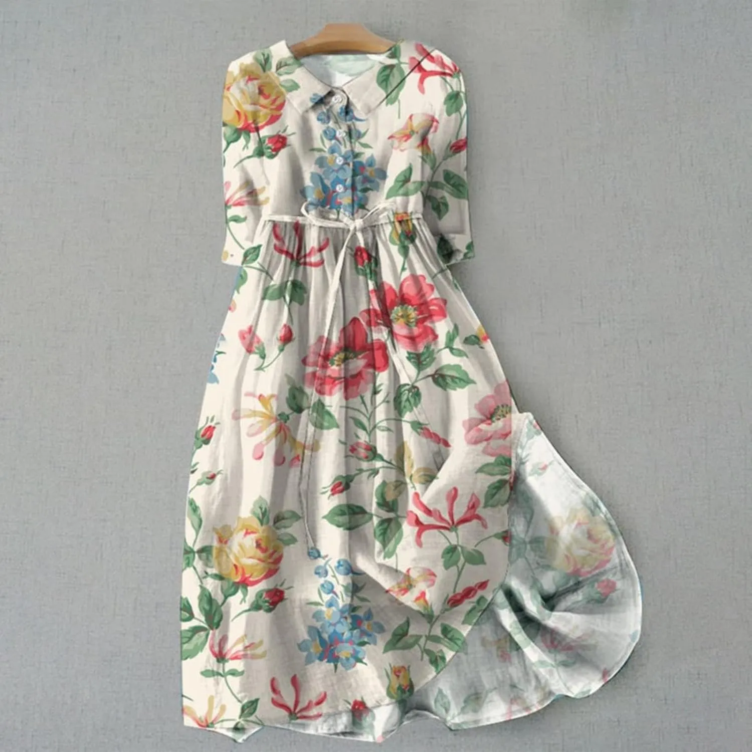 Women Retro Boho Floral Print Cotton Linen Dress Lapel Button 3/4 Sleeve Casual Midi Shirt Dresses Summer Pleated Dress