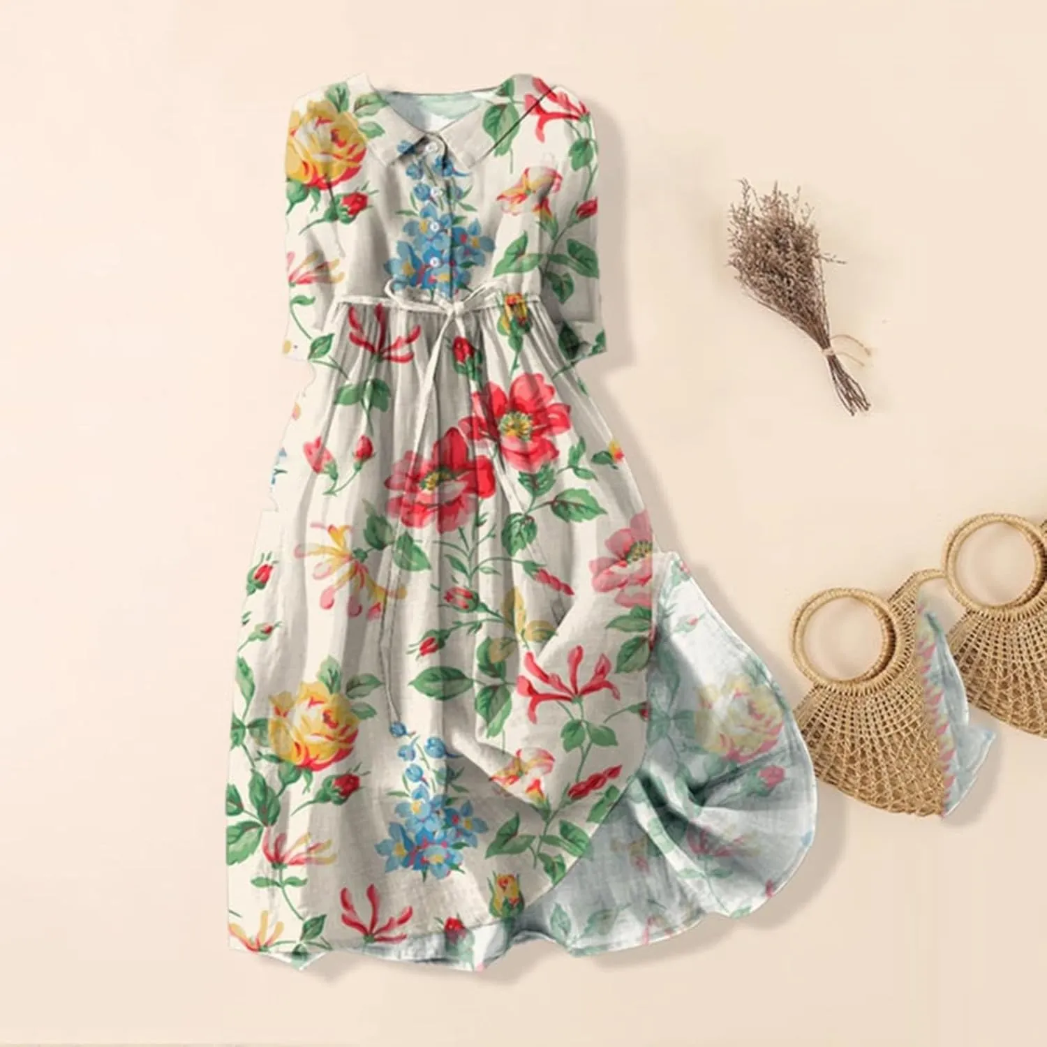 Women Retro Boho Floral Print Cotton Linen Dress Lapel Button 3/4 Sleeve Casual Midi Shirt Dresses Summer Pleated Dress