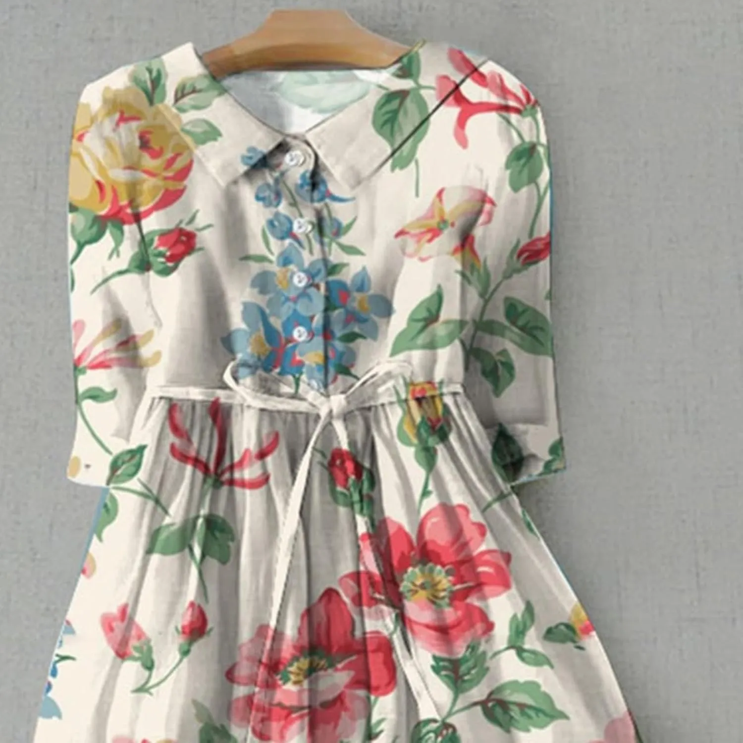 Women Retro Boho Floral Print Cotton Linen Dress Lapel Button 3/4 Sleeve Casual Midi Shirt Dresses Summer Pleated Dress