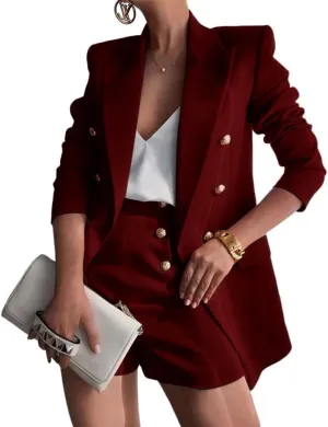Women Suit with Shorts Ladies Office Causal Peak Lapel Double Breasted Suit Blazer and High Waisted Shorts Set