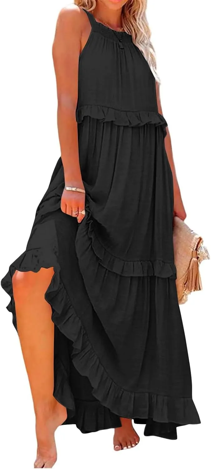 Women Summer Dresses Flowy Smocked Maxi Dress Sleeveless Tie Shoulder Boho Long Dresses Y2K Swing Beach Sundresses