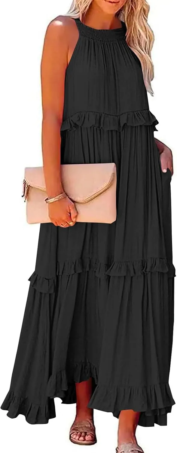 Women Summer Dresses Flowy Smocked Maxi Dress Sleeveless Tie Shoulder Boho Long Dresses Y2K Swing Beach Sundresses