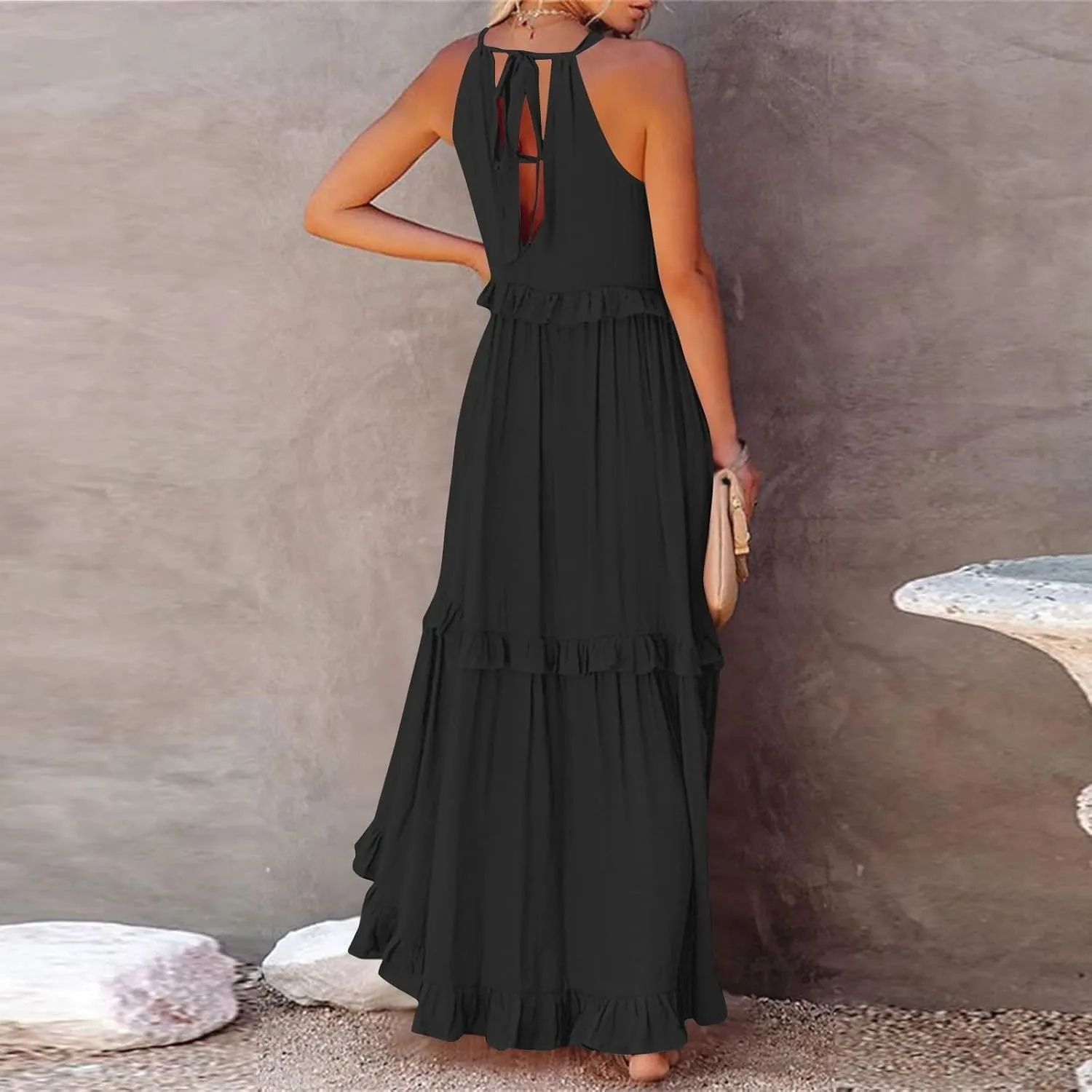 Women Summer Dresses Flowy Smocked Maxi Dress Sleeveless Tie Shoulder Boho Long Dresses Y2K Swing Beach Sundresses