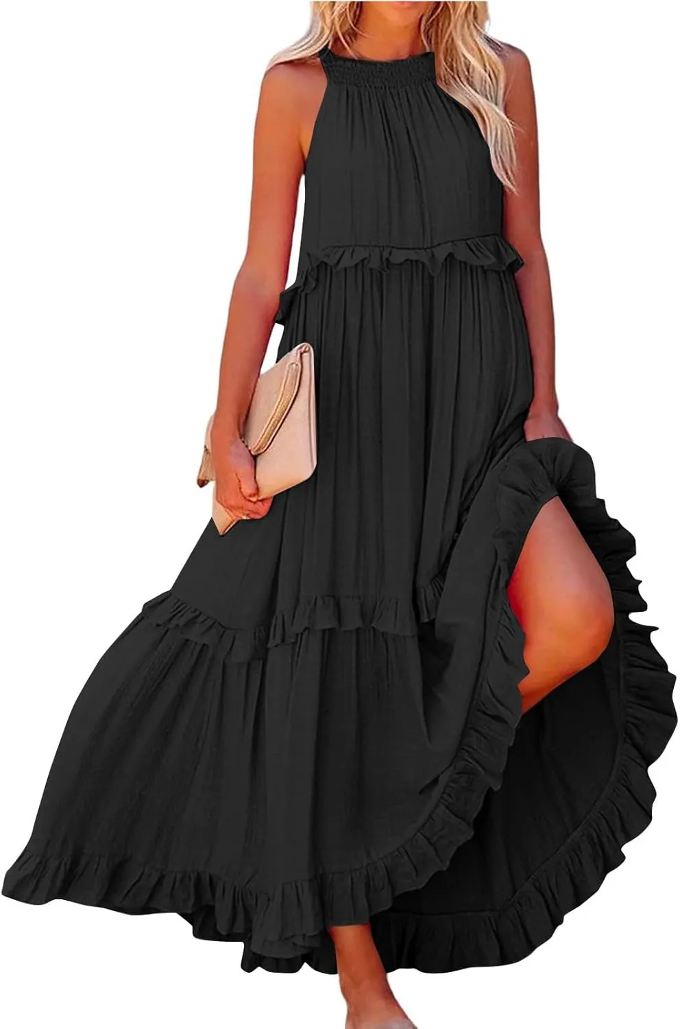 Women Summer Dresses Flowy Smocked Maxi Dress Sleeveless Tie Shoulder Boho Long Dresses Y2K Swing Beach Sundresses