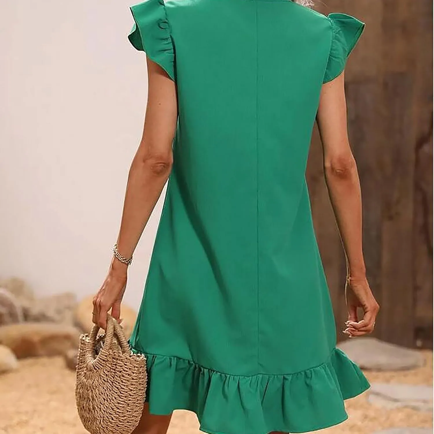 Women Summer V Neck Dress Sleeveless Ruffle Sleeve Swing Beach Solid Loose Short Flowy Pleated Mini Babydoll Dress