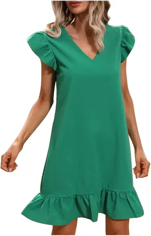 Women Summer V Neck Dress Sleeveless Ruffle Sleeve Swing Beach Solid Loose Short Flowy Pleated Mini Babydoll Dress