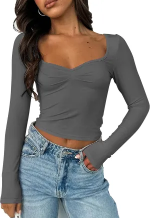 Women Sweetheart Neckline Basic Fitted Tops Long Sleeve Going Out Crop Tops Ruched T Shirts