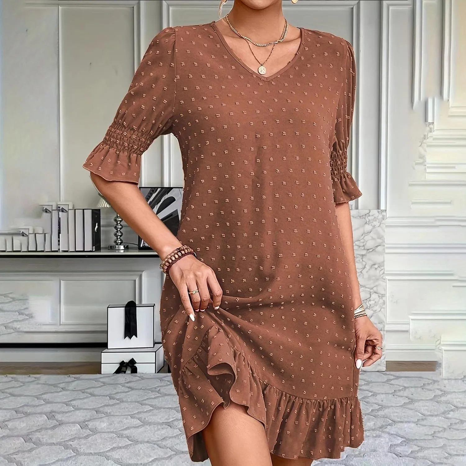 Women Swiss Polka Dots Dress V Neck Ruffle Short Sleeve Mini Dresses Summer Casual Fashion Loose Swing Boho Dress