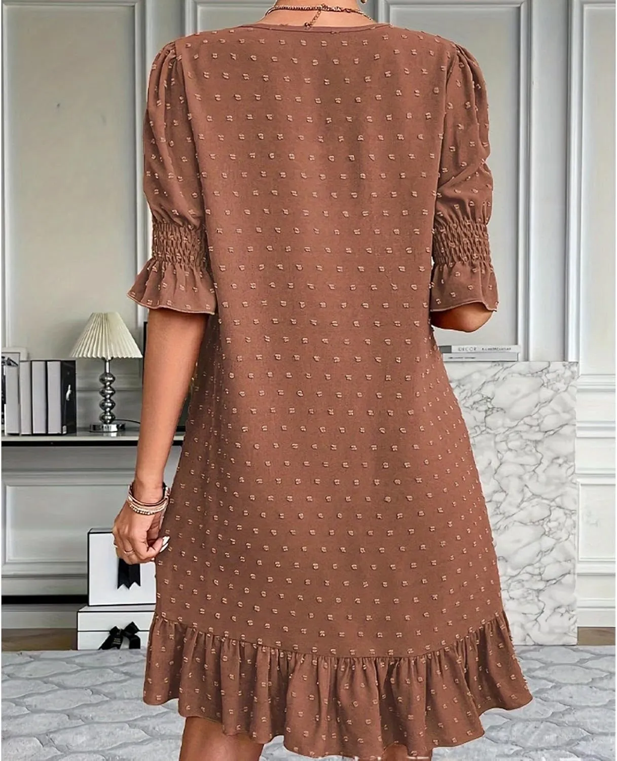 Women Swiss Polka Dots Dress V Neck Ruffle Short Sleeve Mini Dresses Summer Casual Fashion Loose Swing Boho Dress