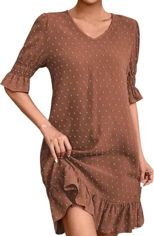 Women Swiss Polka Dots Dress V Neck Ruffle Short Sleeve Mini Dresses Summer Casual Fashion Loose Swing Boho Dress