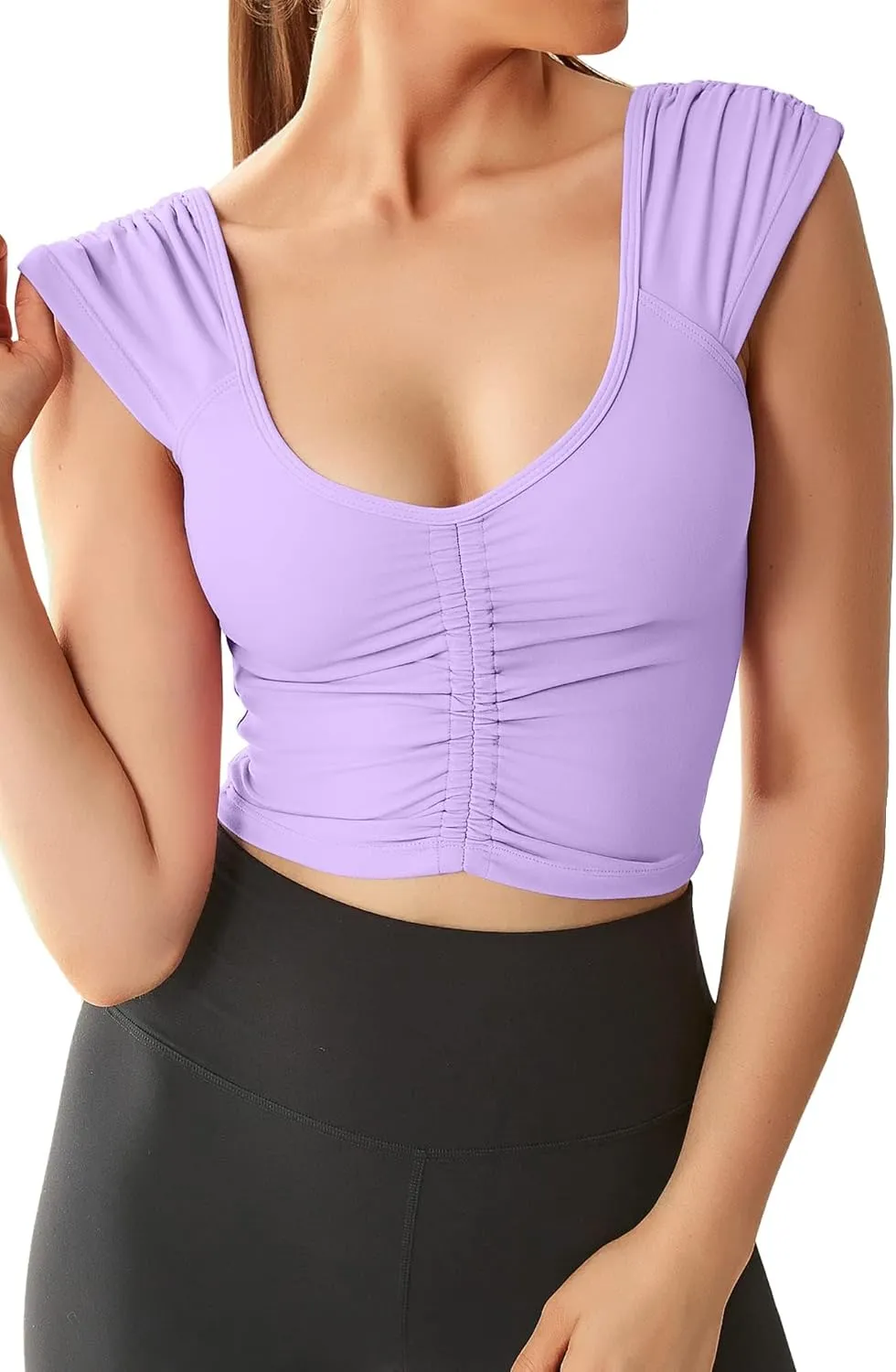 Women Workout Tops Sleeveless Yoga Longline Sports Bra Cutout Short Sleeve Crop Tank Top Gym Running Athletic Shirt U-Back