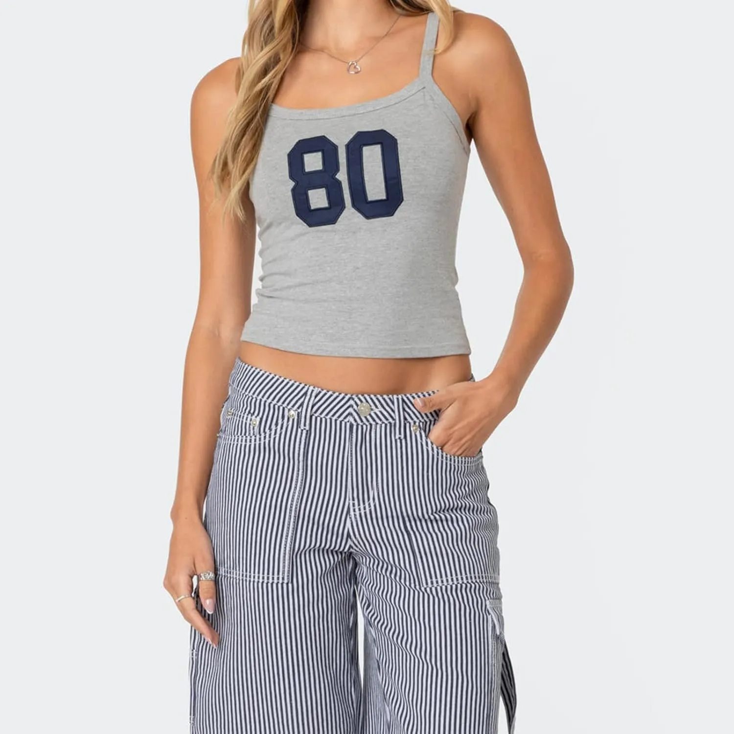 Women Y2k Number 80 Tank Tops Spaghetti Strap Jersey Shirt 90s Vintage Slim Fit Graphic Crop Top Sleeveless Basic Cami