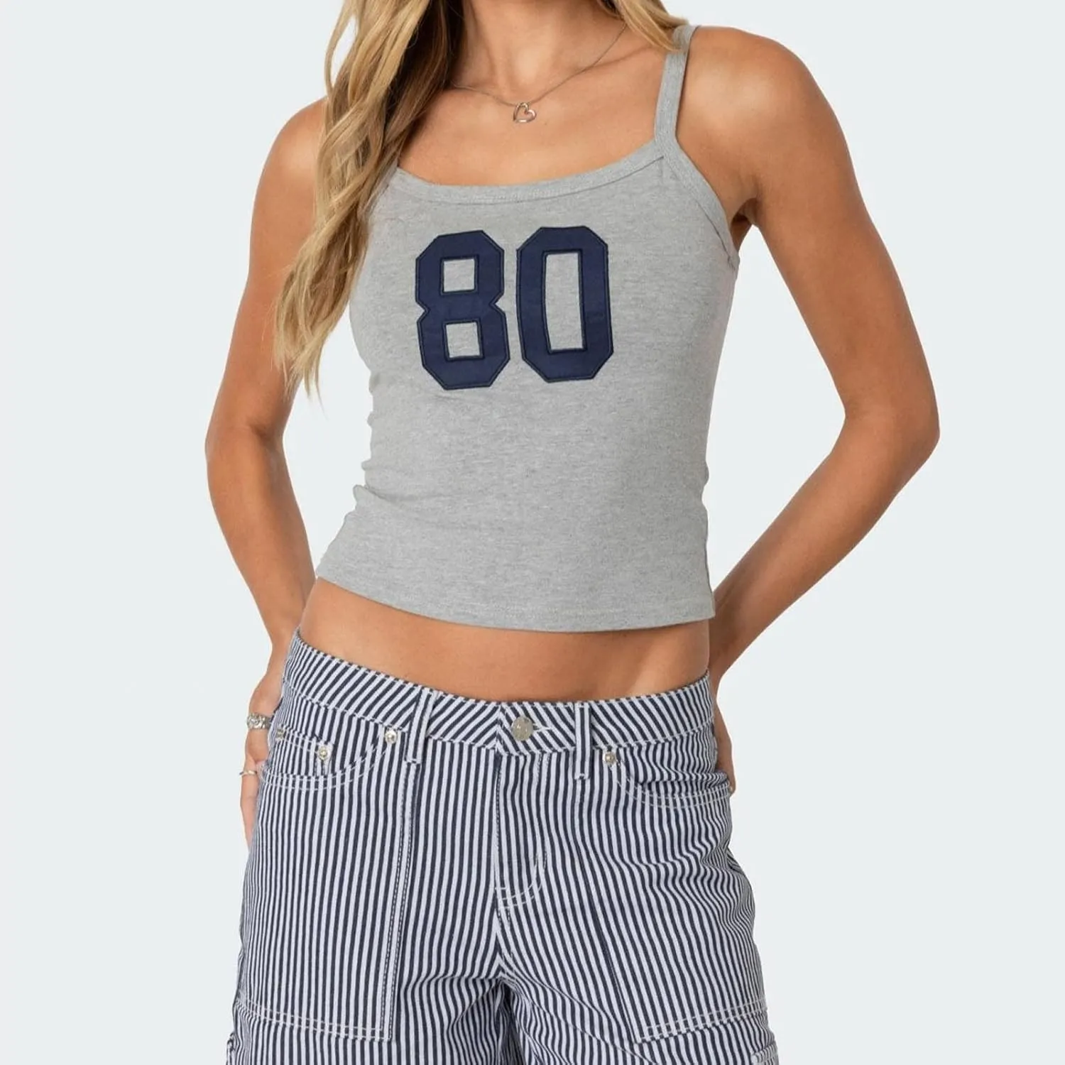 Women Y2k Number 80 Tank Tops Spaghetti Strap Jersey Shirt 90s Vintage Slim Fit Graphic Crop Top Sleeveless Basic Cami