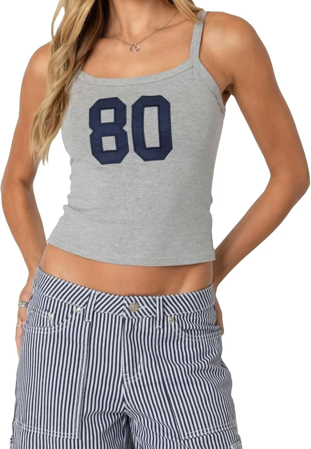 Women Y2k Number 80 Tank Tops Spaghetti Strap Jersey Shirt 90s Vintage Slim Fit Graphic Crop Top Sleeveless Basic Cami