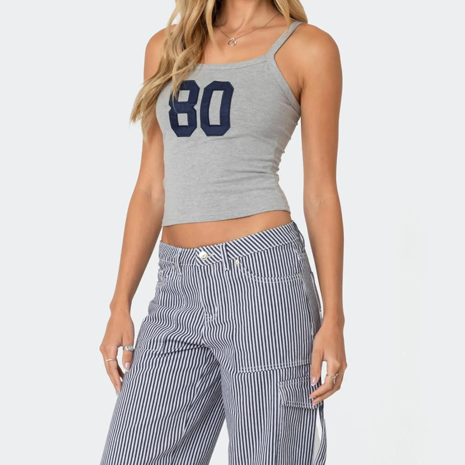 Women Y2k Number 80 Tank Tops Spaghetti Strap Jersey Shirt 90s Vintage Slim Fit Graphic Crop Top Sleeveless Basic Cami