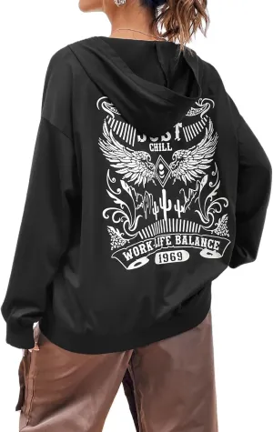 Women Zip Up Hoodie Y2k Vintage Graphic Oversized Sweatshirt Long Sleeve Goth Jacket Full Grunge Streetwear