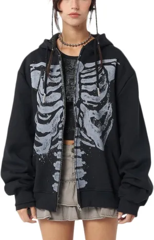 Women Zip Up Hoodie Y2k Vintage Graphic Oversized Sweatshirt Long Sleeve Goth Jacket Full Grunge Streetwear