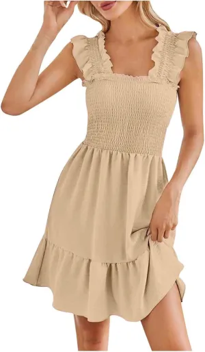 Women's 2024 Summer Boho Spaghetti Strap Mini Dress Square Neck Solid Color Ruffle Tiered A Line Beach Short Dress