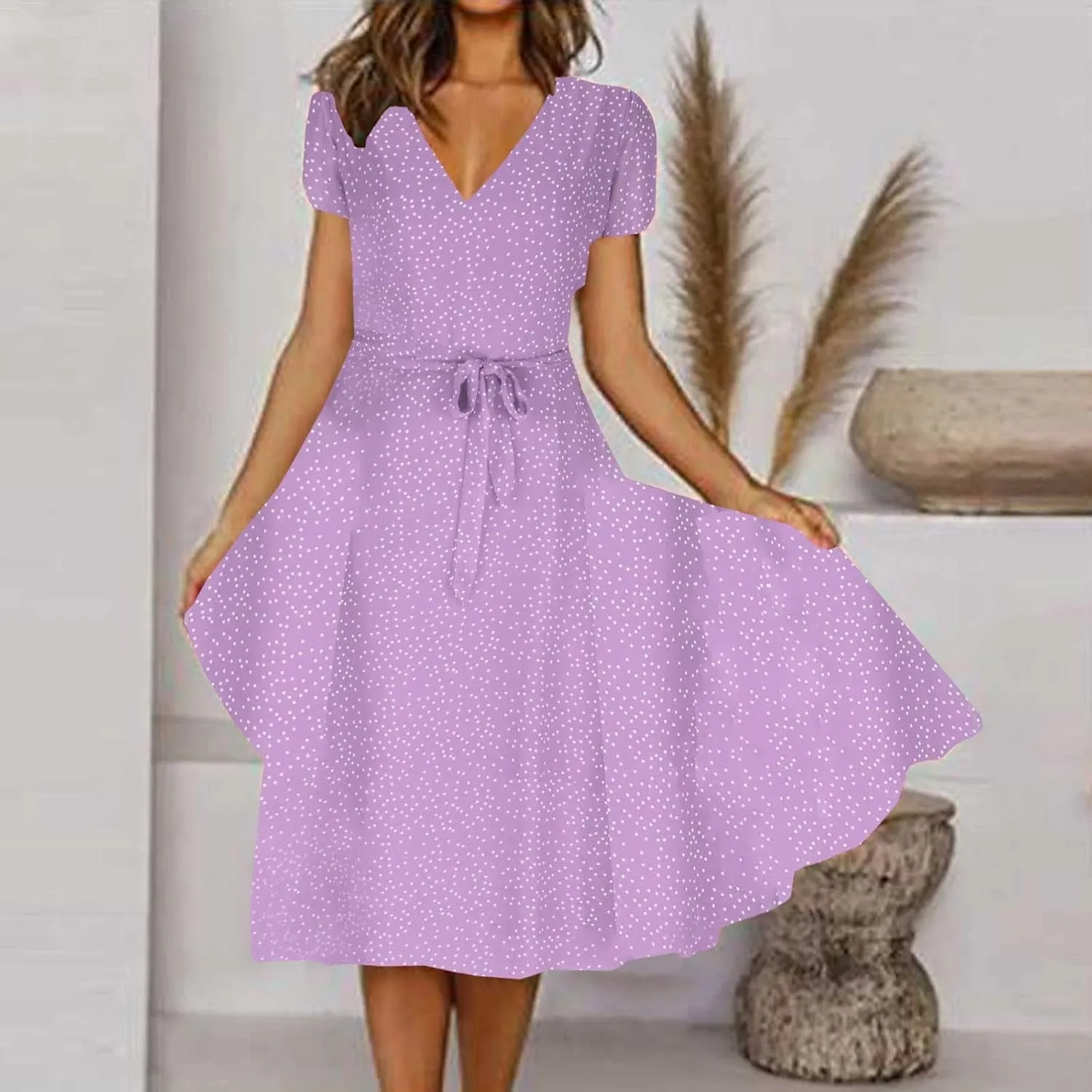 Women's 2024 Summer Casual Boho Sundress Polka Dot Short Sleeve V Neck Flowy Midi Dresses Chiffon Beach Dress