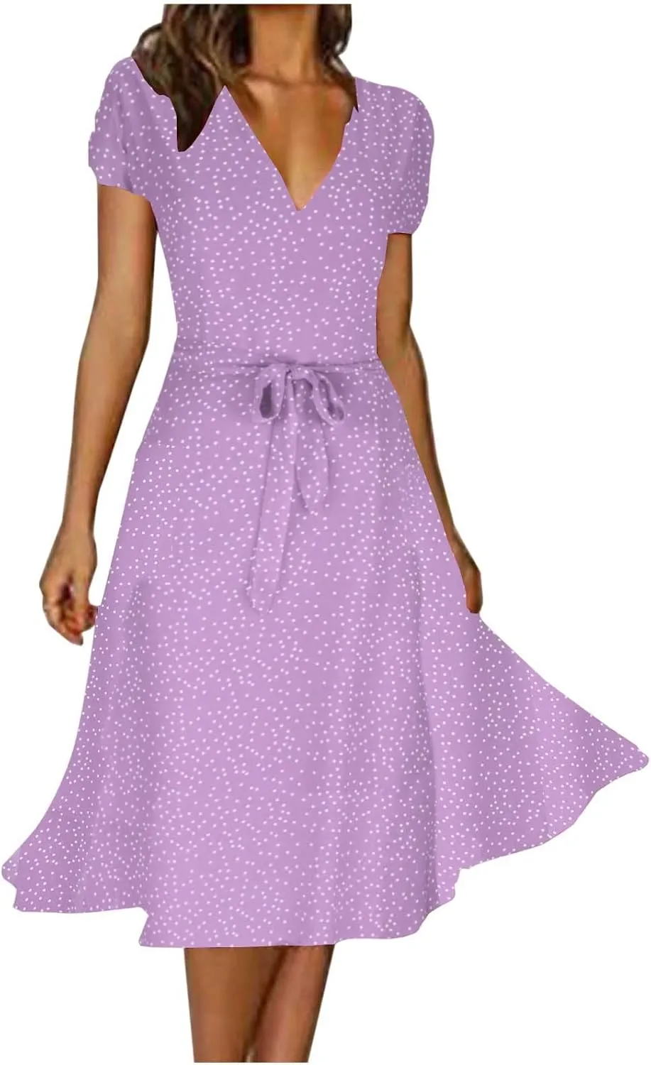 Women's 2024 Summer Casual Boho Sundress Polka Dot Short Sleeve V Neck Flowy Midi Dresses Chiffon Beach Dress