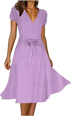 Women's 2024 Summer Casual Boho Sundress Polka Dot Short Sleeve V Neck Flowy Midi Dresses Chiffon Beach Dress