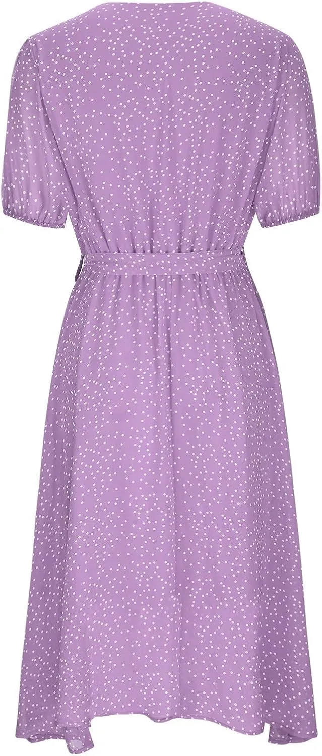 Women's 2024 Summer Casual Boho Sundress Polka Dot Short Sleeve V Neck Flowy Midi Dresses Chiffon Beach Dress