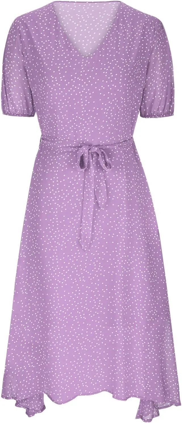 Women's 2024 Summer Casual Boho Sundress Polka Dot Short Sleeve V Neck Flowy Midi Dresses Chiffon Beach Dress