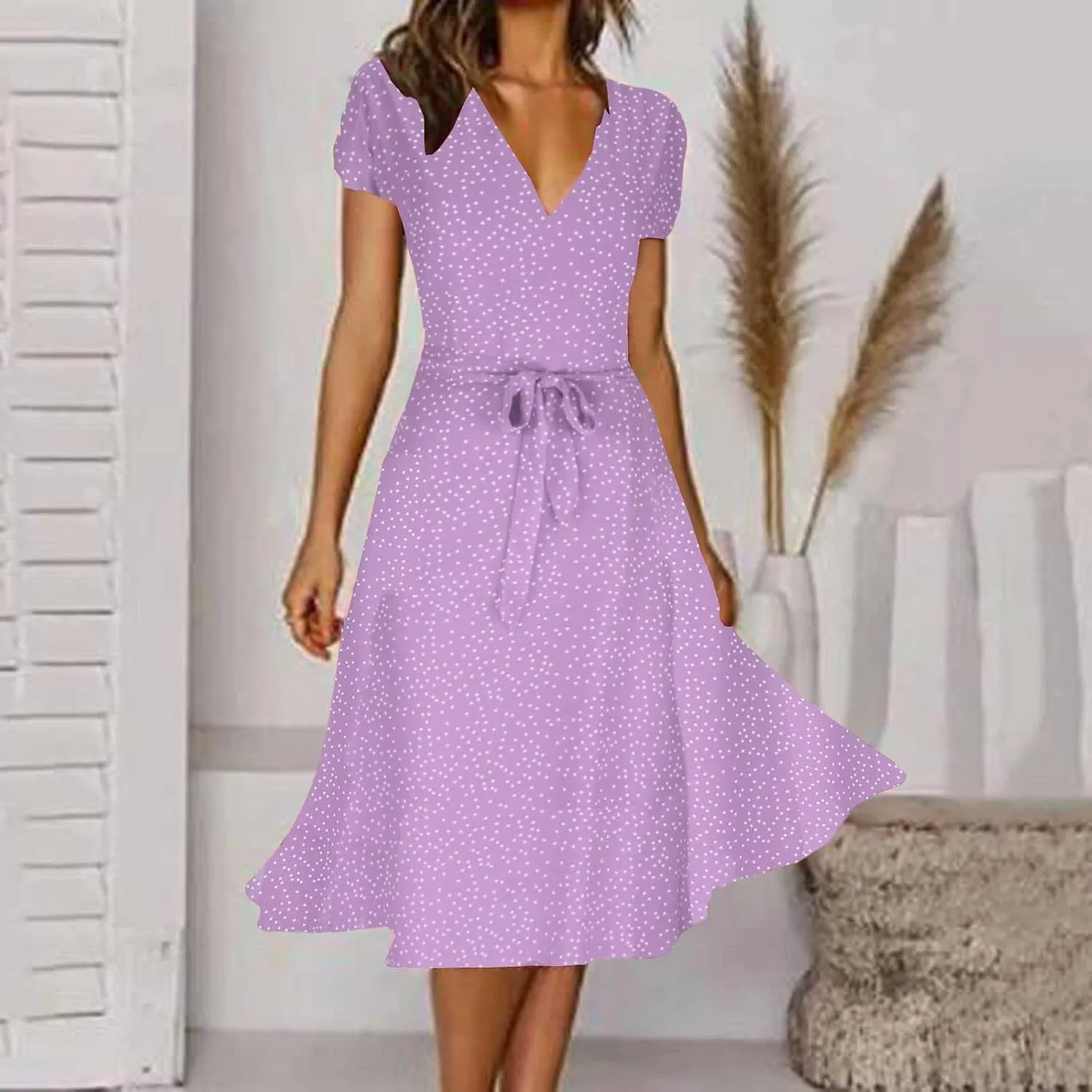 Women's 2024 Summer Casual Boho Sundress Polka Dot Short Sleeve V Neck Flowy Midi Dresses Chiffon Beach Dress