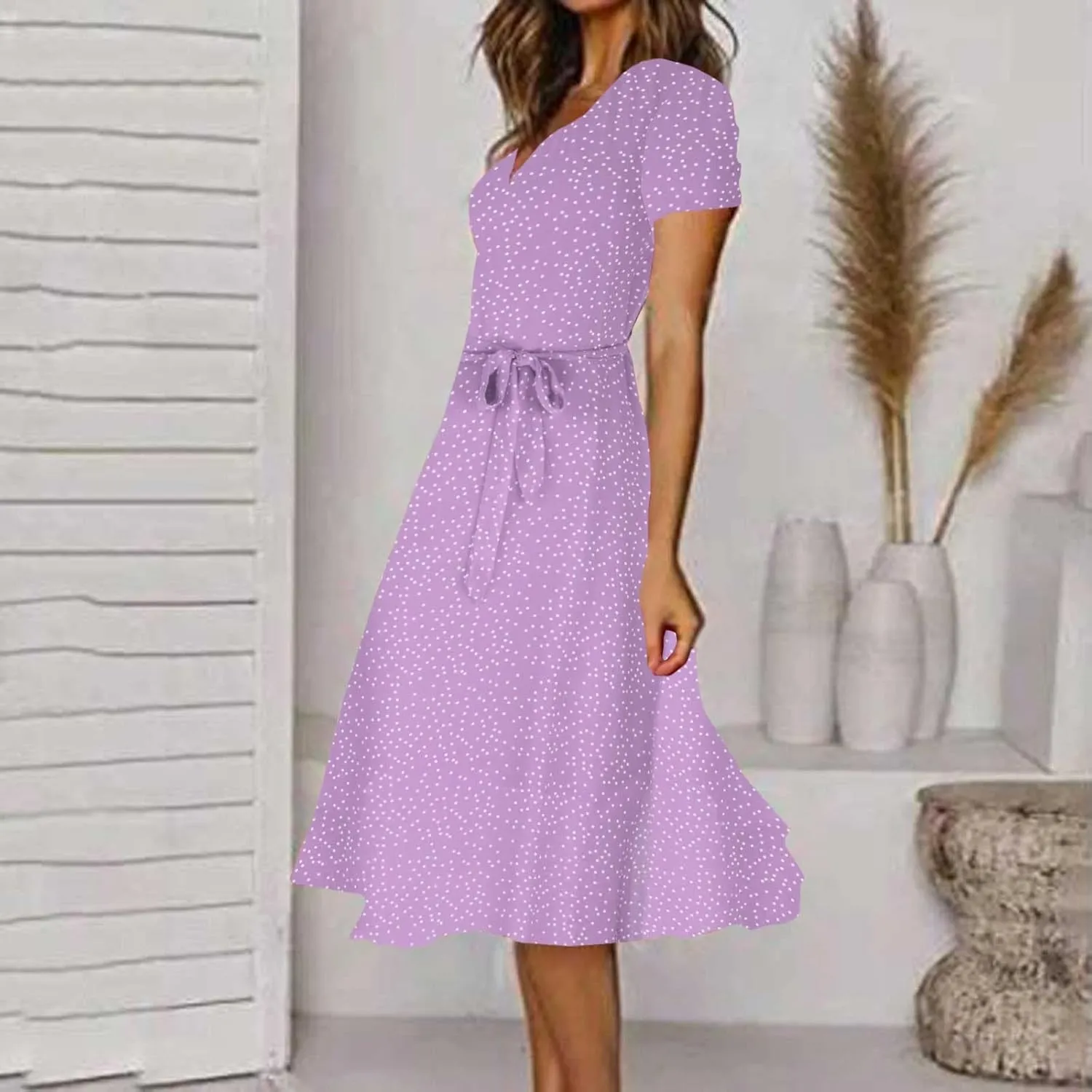 Women's 2024 Summer Casual Boho Sundress Polka Dot Short Sleeve V Neck Flowy Midi Dresses Chiffon Beach Dress