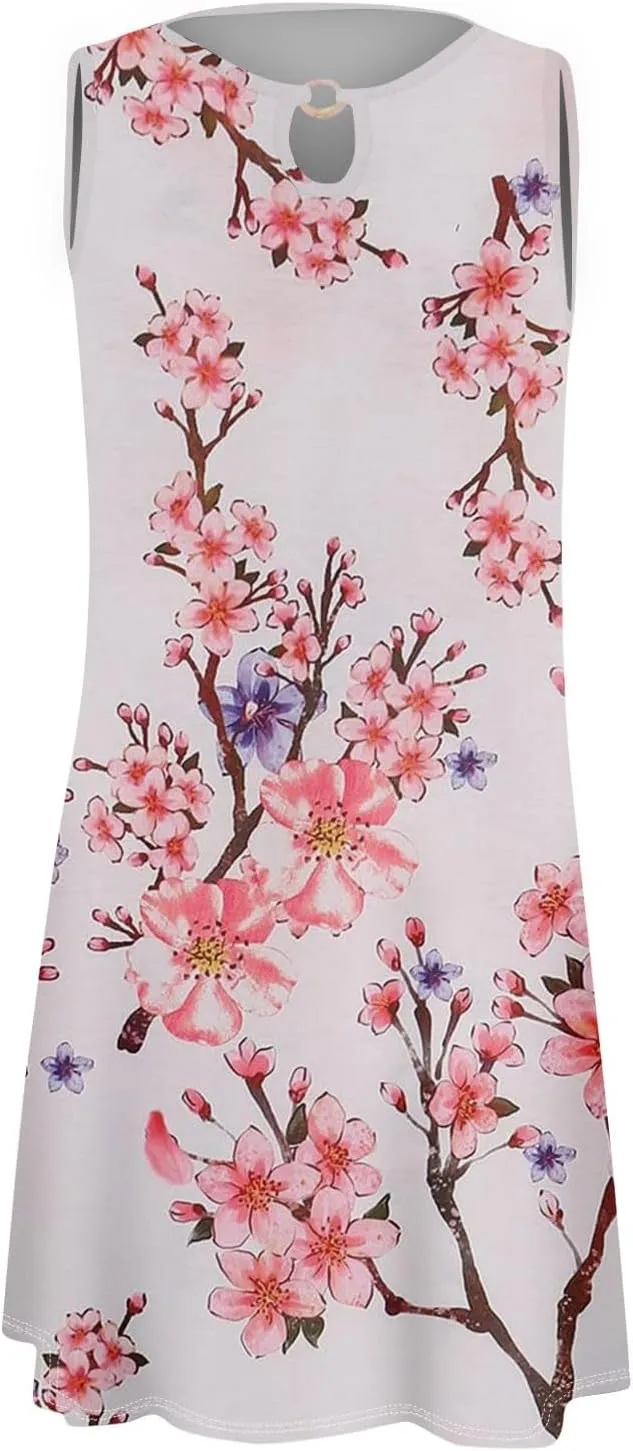 Women's 2024 Summer Floral Mini Dress Sleeveless Ruffle Boho Beach Vacation Short Tank Sundresses