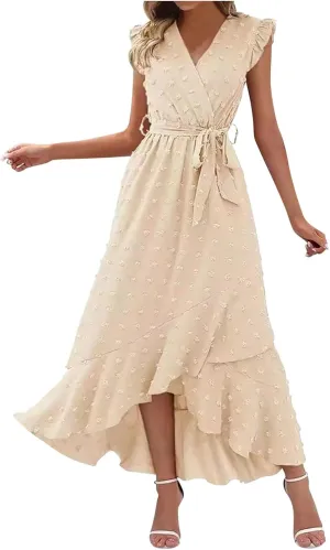 Womens 2024 Summer Wrap V Neck Dress Ruffle Sleeve Swiss Dot Boho Ruffle Slit Beach Party Flowy Belted Long Maxi Dresses