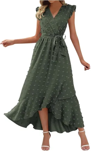 Womens 2024 Summer Wrap V Neck Dress Ruffle Sleeve Swiss Dot Boho Ruffle Slit Beach Party Flowy Belted Long Maxi Dresses
