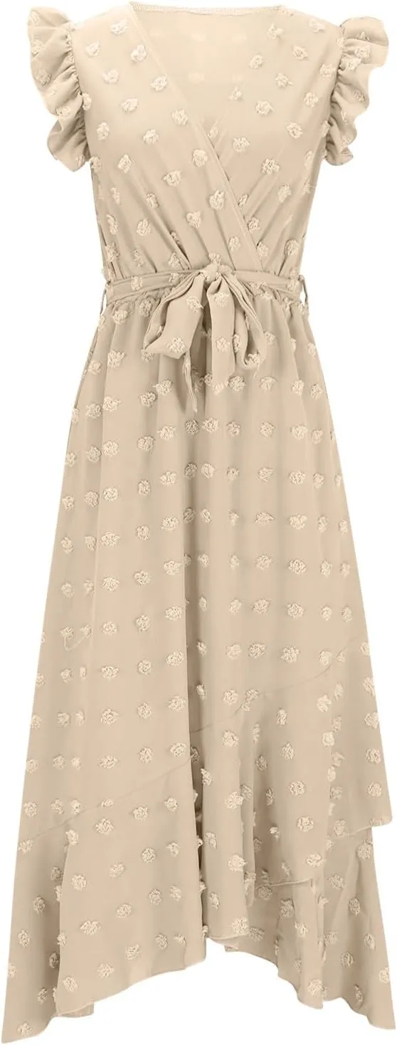 Womens 2024 Summer Wrap V Neck Dress Ruffle Sleeve Swiss Dot Boho Ruffle Slit Beach Party Flowy Belted Long Maxi Dresses