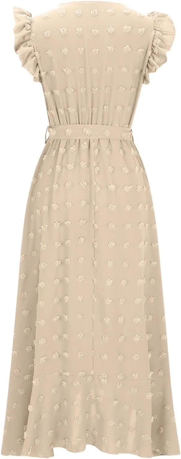 Womens 2024 Summer Wrap V Neck Dress Ruffle Sleeve Swiss Dot Boho Ruffle Slit Beach Party Flowy Belted Long Maxi Dresses