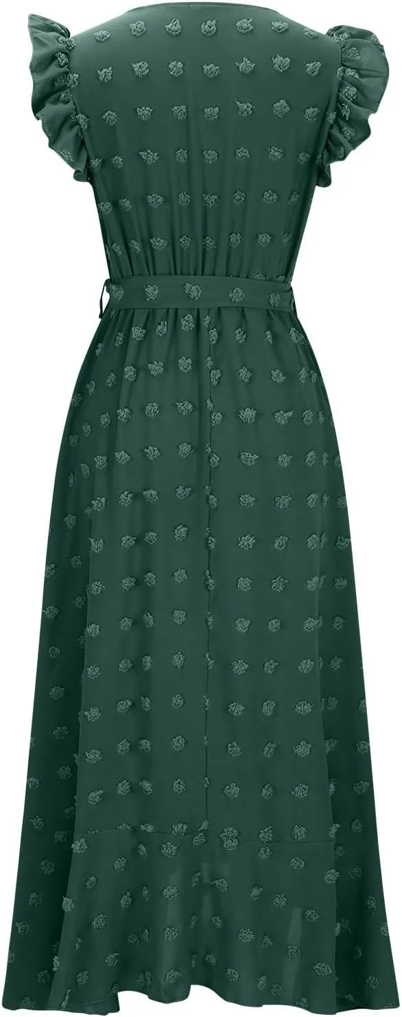 Womens 2024 Summer Wrap V Neck Dress Ruffle Sleeve Swiss Dot Boho Ruffle Slit Beach Party Flowy Belted Long Maxi Dresses
