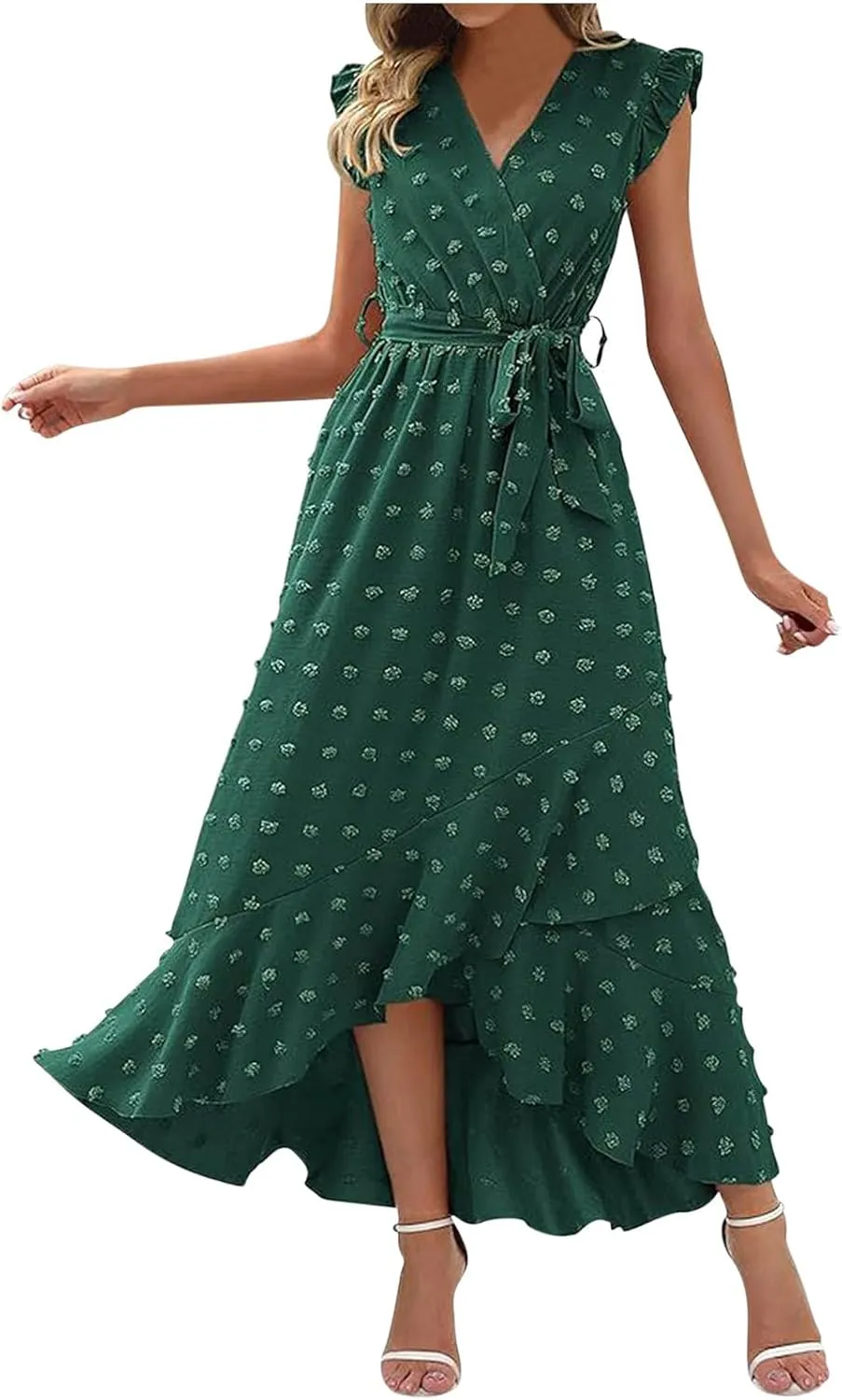 Womens 2024 Summer Wrap V Neck Dress Ruffle Sleeve Swiss Dot Boho Ruffle Slit Beach Party Flowy Belted Long Maxi Dresses
