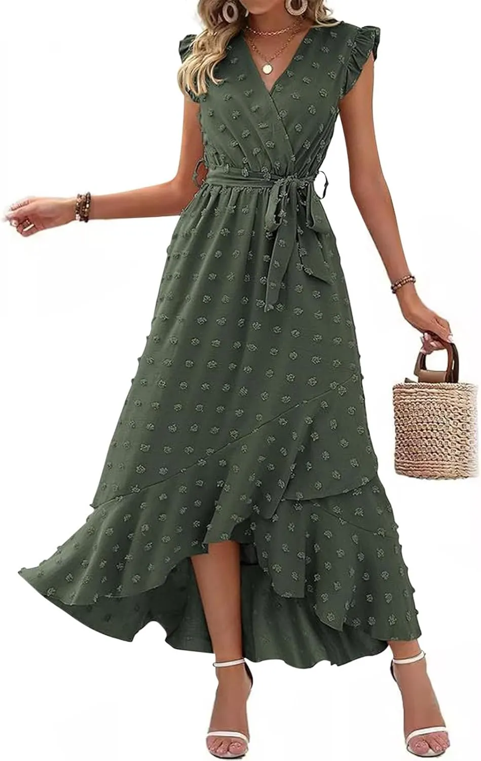 Womens 2024 Summer Wrap V Neck Dress Ruffle Sleeve Swiss Dot Boho Ruffle Slit Beach Party Flowy Belted Long Maxi Dresses