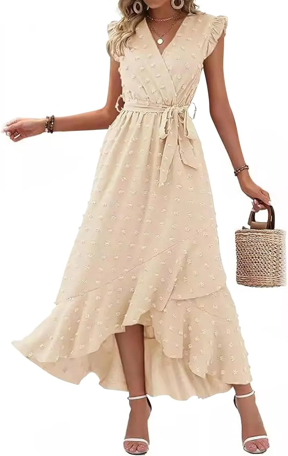 Womens 2024 Summer Wrap V Neck Dress Ruffle Sleeve Swiss Dot Boho Ruffle Slit Beach Party Flowy Belted Long Maxi Dresses