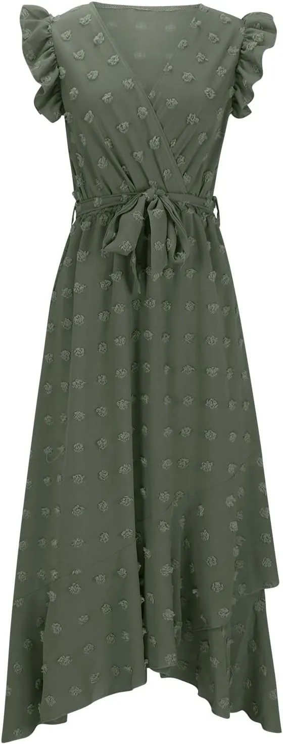 Womens 2024 Summer Wrap V Neck Dress Ruffle Sleeve Swiss Dot Boho Ruffle Slit Beach Party Flowy Belted Long Maxi Dresses