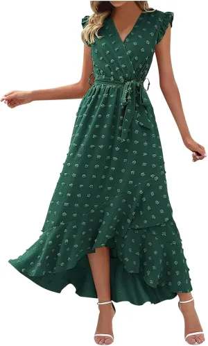 Womens 2024 Summer Wrap V Neck Dress Ruffle Sleeve Swiss Dot Boho Ruffle Slit Beach Party Flowy Belted Long Maxi Dresses