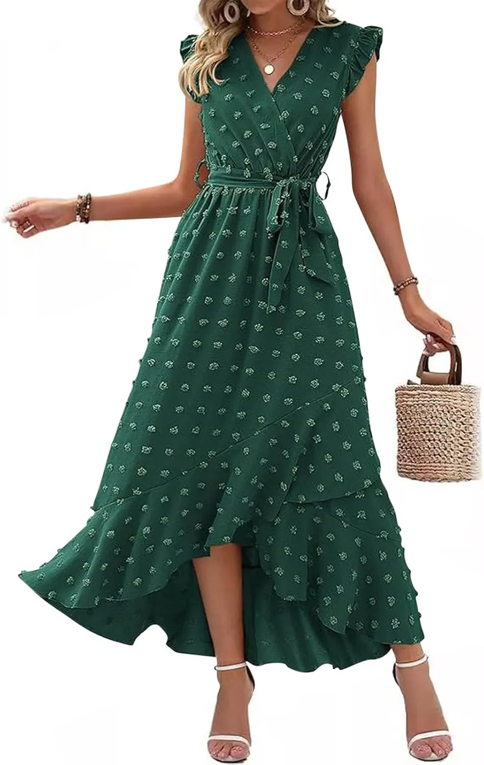 Womens 2024 Summer Wrap V Neck Dress Ruffle Sleeve Swiss Dot Boho Ruffle Slit Beach Party Flowy Belted Long Maxi Dresses